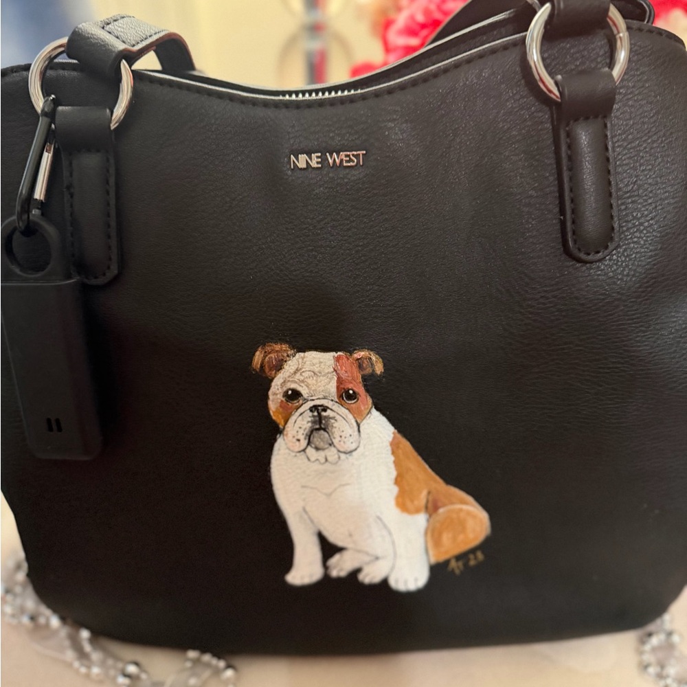 Custom Hand-Painted Art to Wear Bulldog Nine West Black Faux Leather Satchel Bag